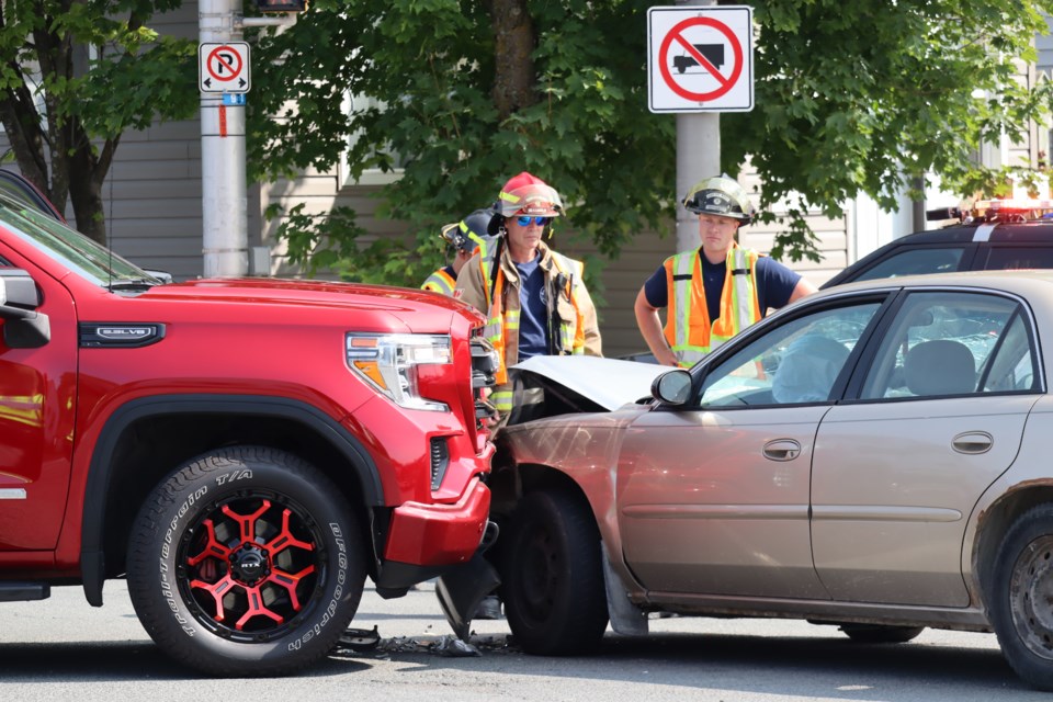 Collision involving a pickup truck and a car initiated an emergency response at the Pine Street and Wellington Street East intersection on Wednesday afternoon.