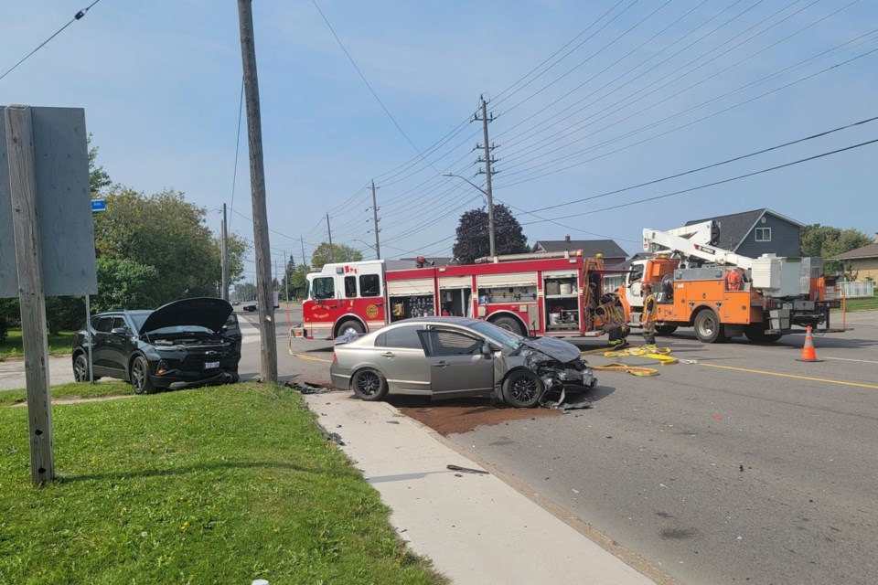 At least two vehicles were involved in a collision at the corner of Second Line West and Prentice Avenue on Saturday afternoon.