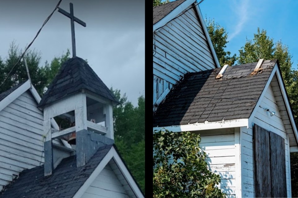 On the left, an historic bell contained inside a bell house was a proud fixture of Our Lady of Sorrows Roman Catholic Church in Goulais. On the right, that entire structure, including its bell, is now gone.