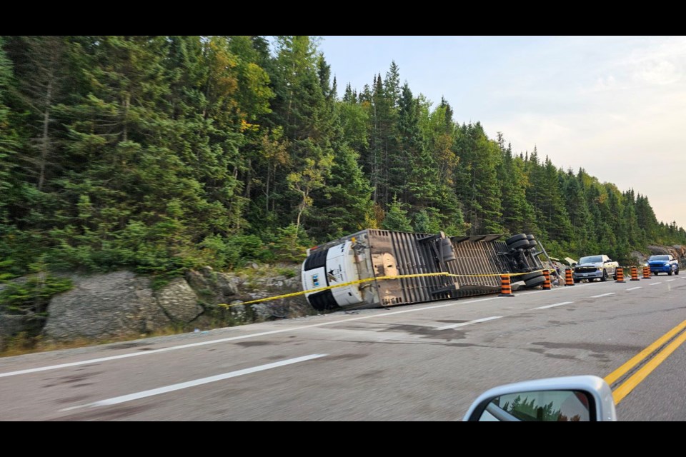 A transport truck rolled onto its side near Wawa on Sept. 14, 2024.