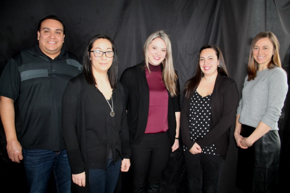 Local entrepreneurs Kevin Syrette (Stackburger), Monique Morrison (Jeronamo Solutions), Kaitlin Pelletier and Christina Trevisan (Elite Dance Force) and Dionne Elgie (Village Electric, Northern Ontario Travel) at ‘Business Blitz-Entrepreneurial Secrets of Success,’ an informational, networking and skill-building event for business-minded youth held by the Sault Ste. Marie Innovation Centre (SSMIC), YouLaunch Youth Entrepreneurship Program and Sault College’s PEM program at Grand Gardens on Dennis Street, Jan. 10, 2018. Darren Taylor/SooToday
