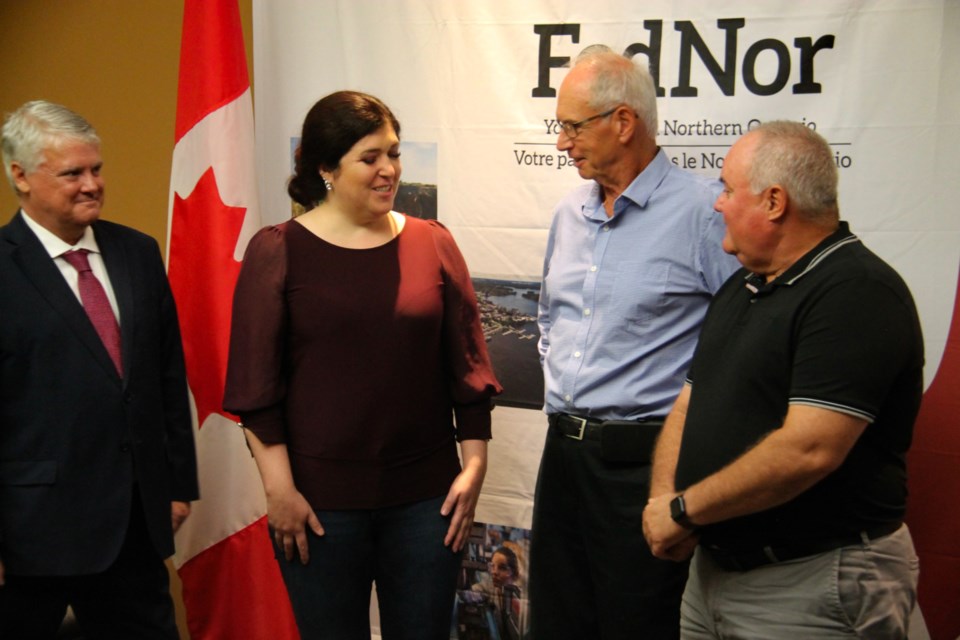 Sault MP Terry Sheehan, Melissa Thompson, Whisky Barrel co-owner, Jerry Dolcetti, Community
Development Corporation of Sault Ste. Marie & Area (SSMCDC) board chair and Dan Friyia, SSMCDC executive director, Sept. 6, 2023.