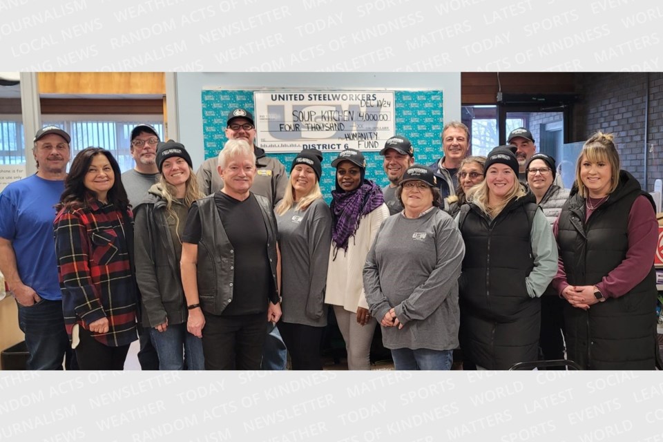 Steelworkers Humanity Fund donates a cheque to the Soup Kitchen. Pictured left to right, front row: Jill Hewgill – Local 8748 Vice President; Janet Baic – Local 9548; Ron Sim – Soup Kitchen General Manager; Sharon Seeler – Local 2724 Financial Secretary; Rimaz Abaker – Local 2724 Guard; Kerry Marini – Local 8748; Allison Bovingdon – Local 7129 Trustee; Lisa McCaig – Local 8748 President. Middle Row: Susan Sturgeon – Local 8748 Financial Secretary; Teresa Cress – Local 7129 Financial Secretary. Back Row: Joe Pettenuzzo – Local 2724 Recording Secretary; Jody Caverly – Local 2251; Adam Guizzetti – Local 2251 Union Coordinaor; Adam King – Local 2251; Joe Krmpotich – Local 2251 Union Coordinator; Andy LaDouceur – District 6 Health, Safety & Environment Coordinator.