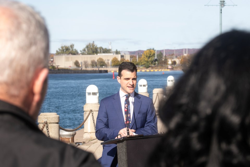 Mayor Matthew Shoemaker speaks during a federal funding announcement last October for a feasibility study into a public Port of Algoma project on land currently owned by Algoma Steel.