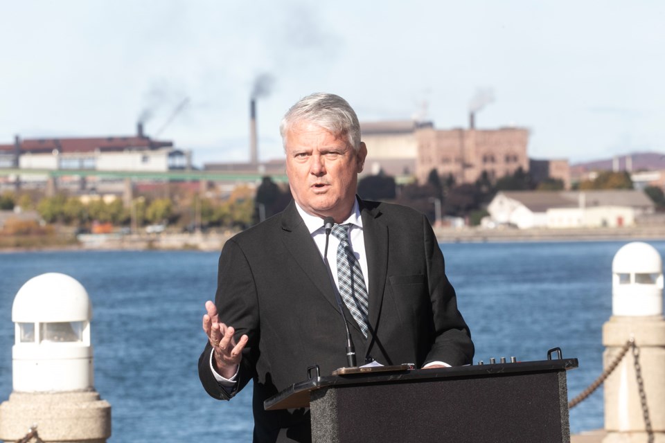 With Algoma Steel as a backdrop, MP Terry Sheehan announces $400,000 toward a feasibility study into a public Port of Algoma project on land currently owned by Algoma Steel.