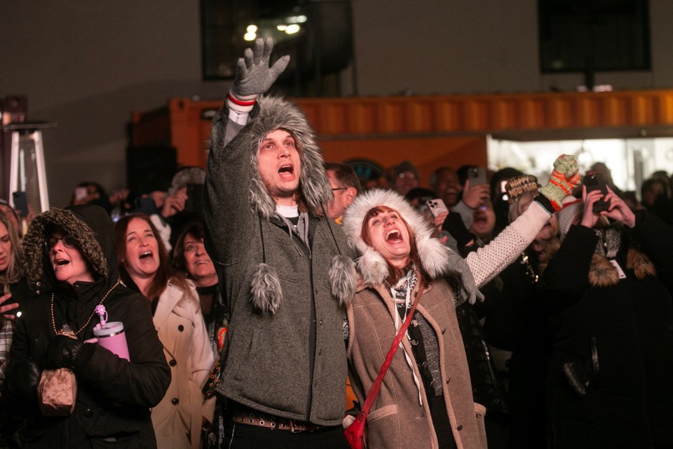 People in the crowd count down as the new year approaches during celebrations at the Downtown Plaza.