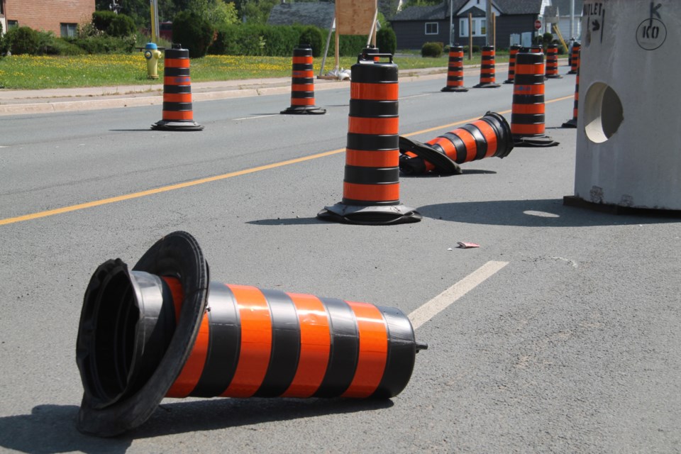 Traffic barrels have been damaged by some motorists near the Biggings Avenue reconstruction project between Queen Street East and Wellington Street East.