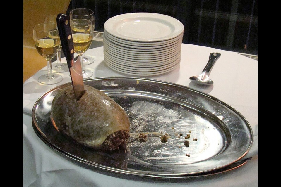 Haggis on a platter at a Robbie Burns Day dinner.

