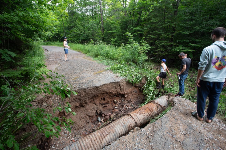 Just past the 4 km marker of Price Lake Road, heavy rain on Monday, July 29, 2024 caused damage to properties and roads in Prince Township.   