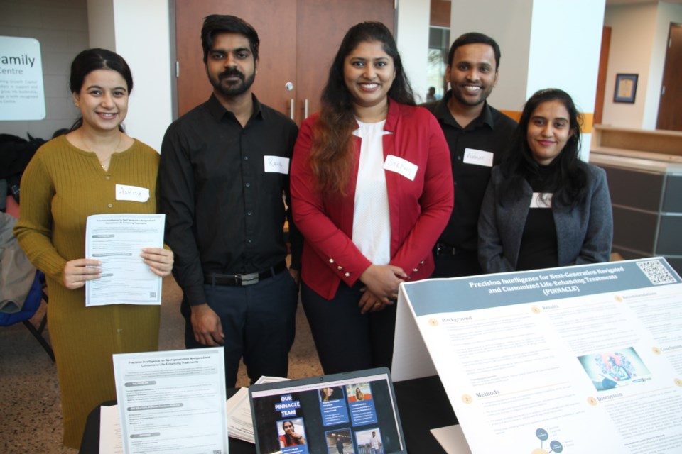 Sault College health-care students Asmita Pandey, Rahul Ramesh, Stephy Varghese, Venkat Saisasank and Aswathy Murali presented their PINNACLE project to the Sault’s health-care community at a Health Care Research Showcase at Sault College, Dec. 5, 2024.