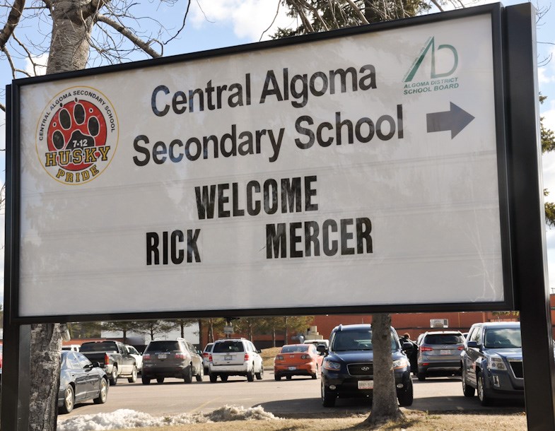 Welcoming sign for Rick Mercer at the entracnce to Central Algoma Secondary School. Donna Schell for SooToday