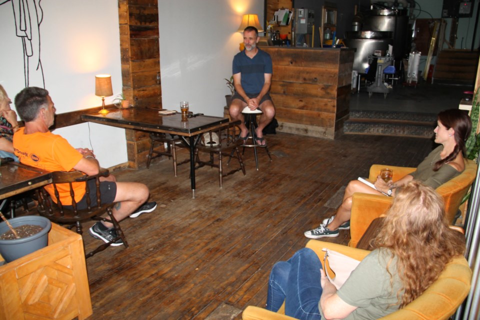 Storyteller Brad Woods of Guelph entertained a small but attentive audience at OutSpoken Brewing, August 14, 2021. Darren Taylor/SooToday