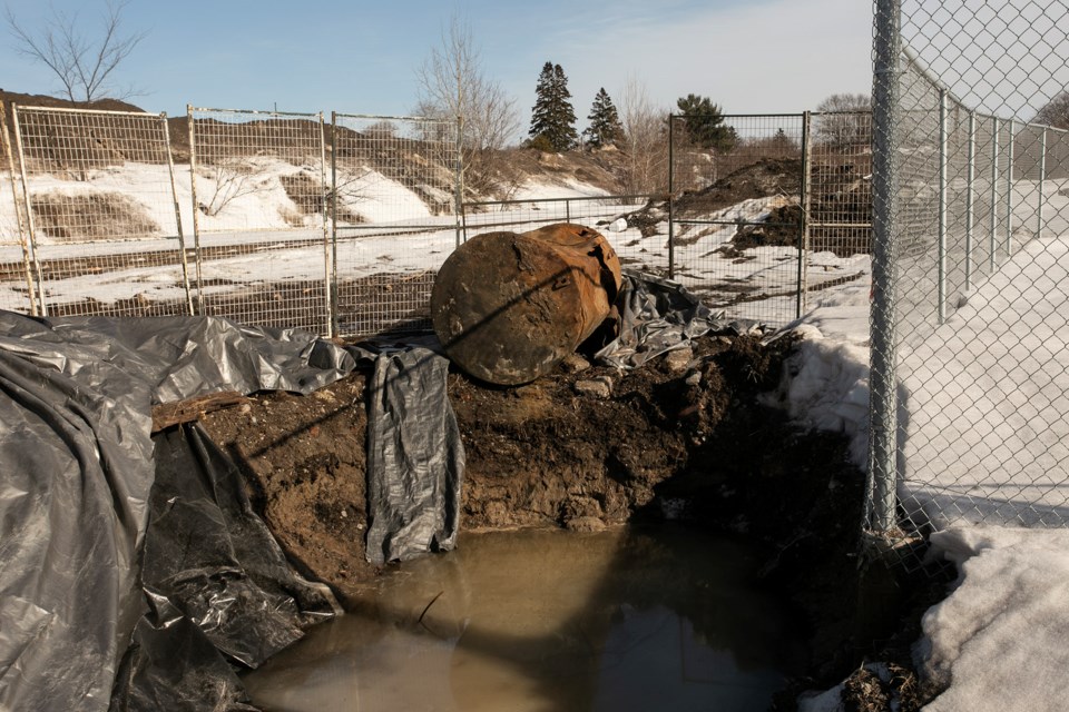 A rusted metal tank has been uncovered near the rail tracks at Canadian Pacific Kansas City property on North Street. The Ministry of the Environment, Conservation and Parks says it was the source of an oil sheen that was observed in November in the creek near the Gateway Casino.