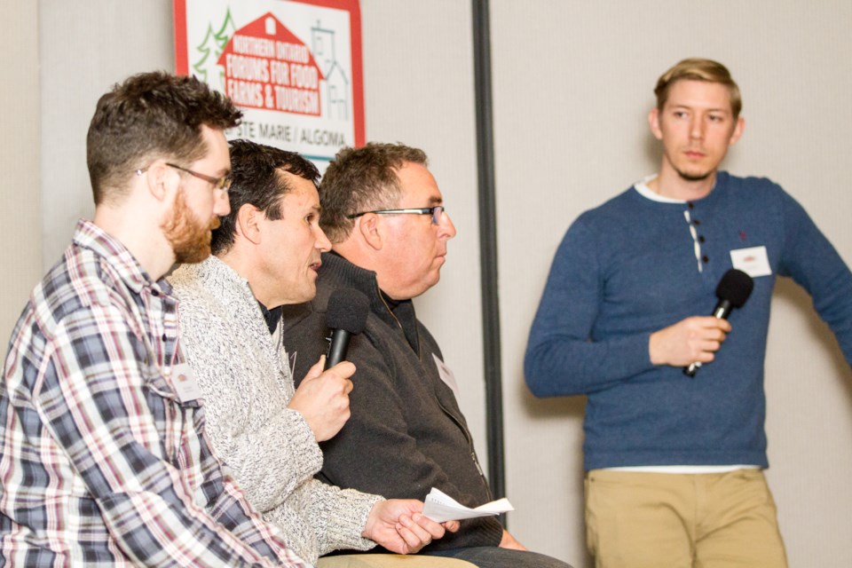 Discussion panelists during the Sault Ste. Marie Algoma Forum on Food, Farms and Tourism were Nick Gordon of Penokean Farms, Trevor Laing of Algoma Highlands Wild Blueberry Farm, and Frank O'Connor of the Voyageurs Lodge and Cookhouse. Donna Hopper/SooToday