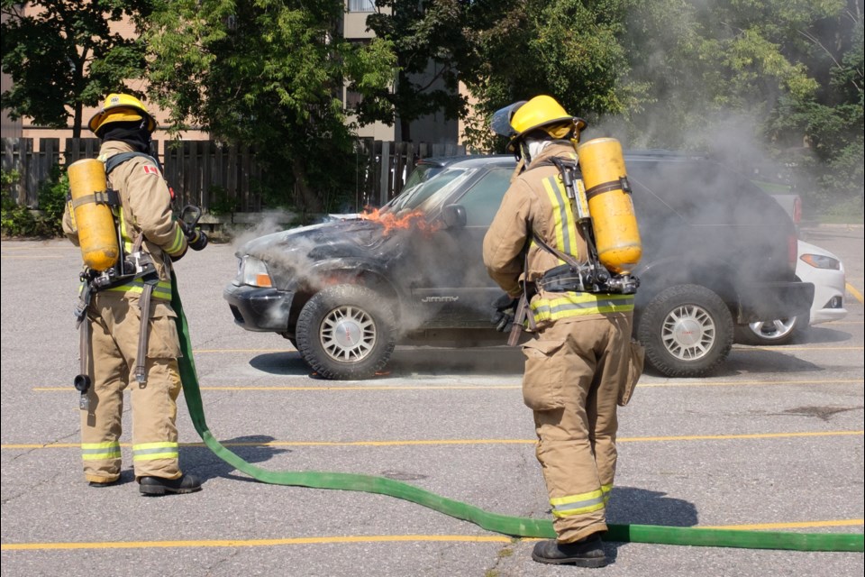 Sault Ste. Marie Fire Services put out a vehicle fire in the parking lot Medical Centre Pharmacy just after 3 p.m. today. Jeff Klassen/SooToday