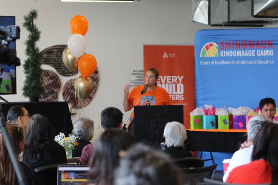 Garden River First Nation Chief Karen Bell speaks during Barbara Nolan's Anishinaabemowin Children's Video Launch event at Shingwauk Kinoomaage Gamig Aug. 24. 