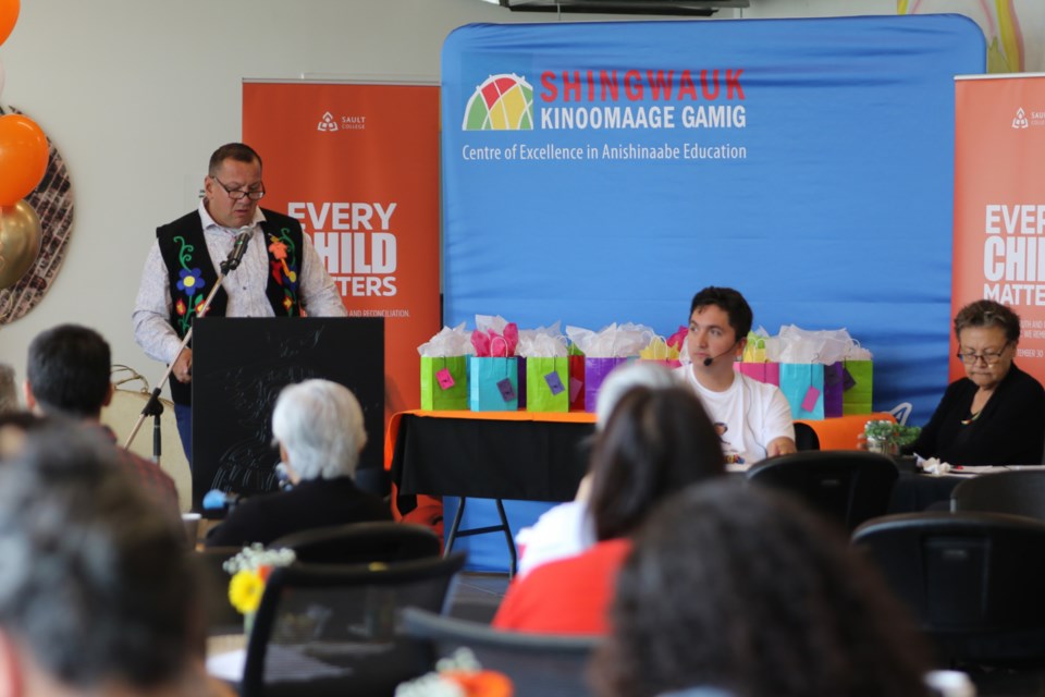 Batchewana First Nation Chief Mark McCoy speaks during Barbara Nolan's Anishinaabemowin Children's Video Launch at Shingwauk Kinoomaage Gamig Aug. 24. 