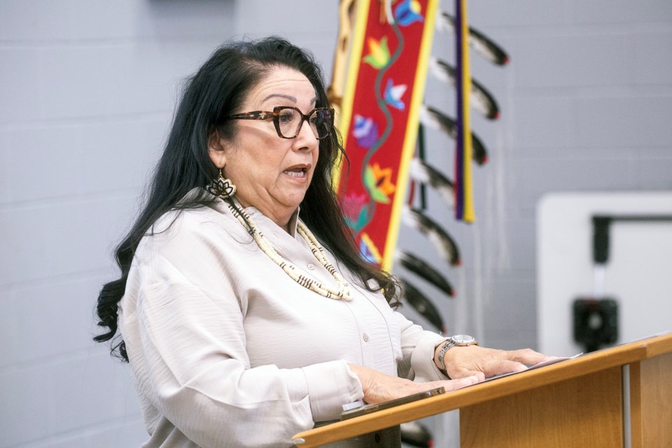 Cathy Syrette, executive director of the Indigenous Friendship Centre, speaks during a funding announcement for a new 30-bed Indigenous men's transitional housing project in the Sault's east end.