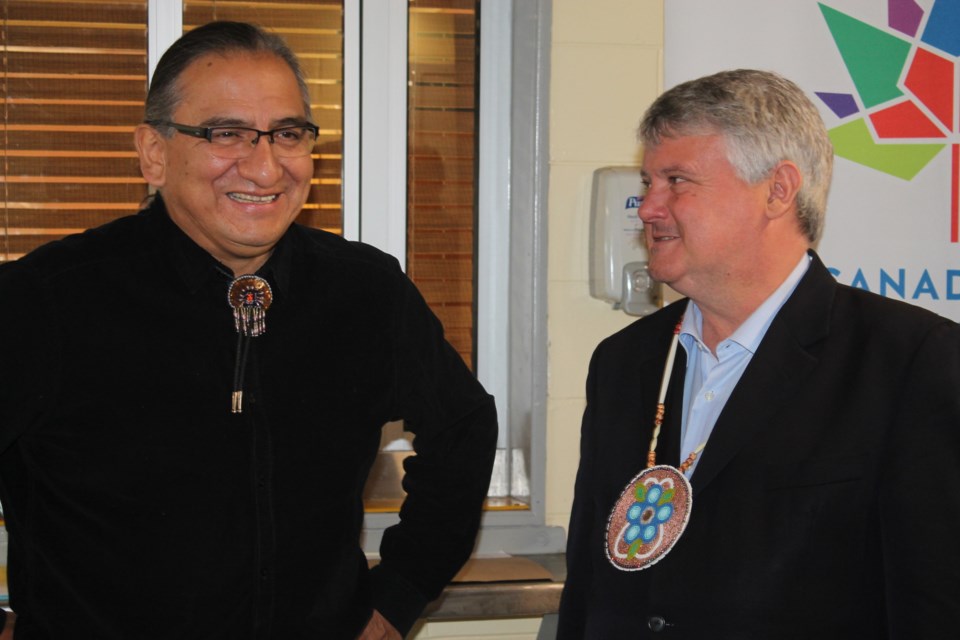 Dean Sayers, Batchewana First Nation chief, and Terry Sheehan, Sault MP, at a FedNor funding announcement for Rankin Arena, Nov. 18, 2016. Darren Taylor/SooToday