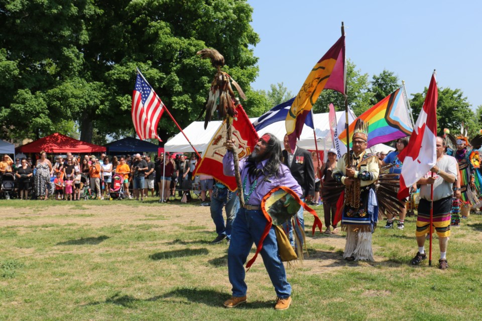 A number of flags were brought into the dance area during grand entry at the National Anishinaabe Day event Wednesday. 