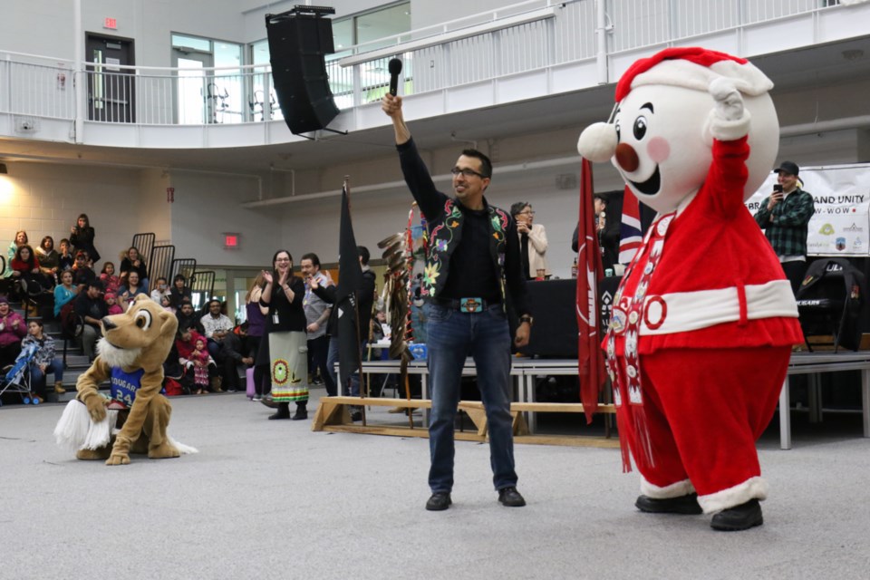 Mr. Bon Soo defeated Sault College mascot Corby the Cougar in the annual mascot dance-off at the Sault College Pow Wow in February. James Hopkin/SooToday