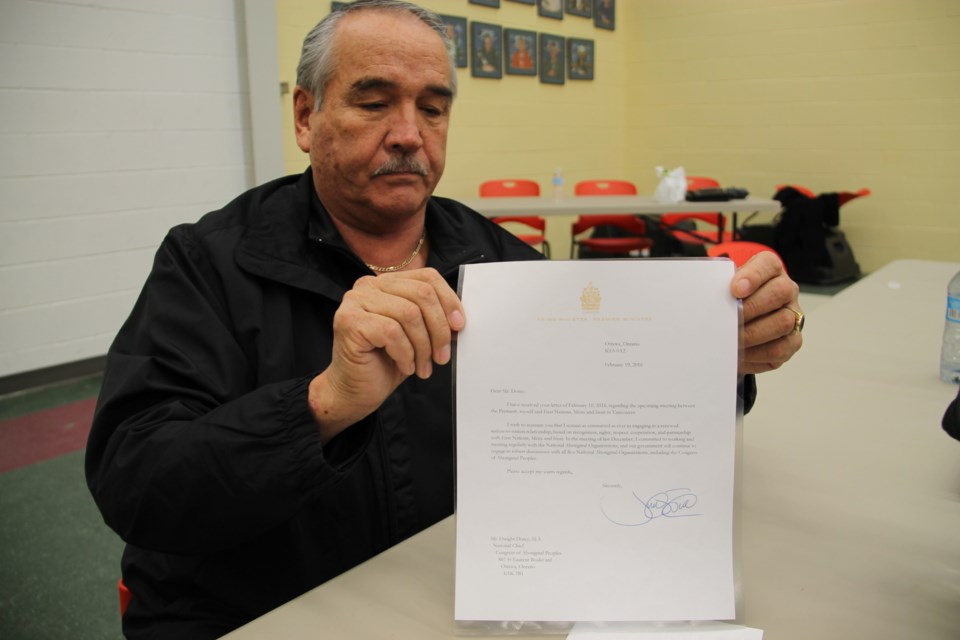 Dwight Dorey, Congress of Aboriginal Peoples national chief, with signed letter from Prime Minister Justin Trudeau, March 17, 2016. Darren Taylor/SooToday