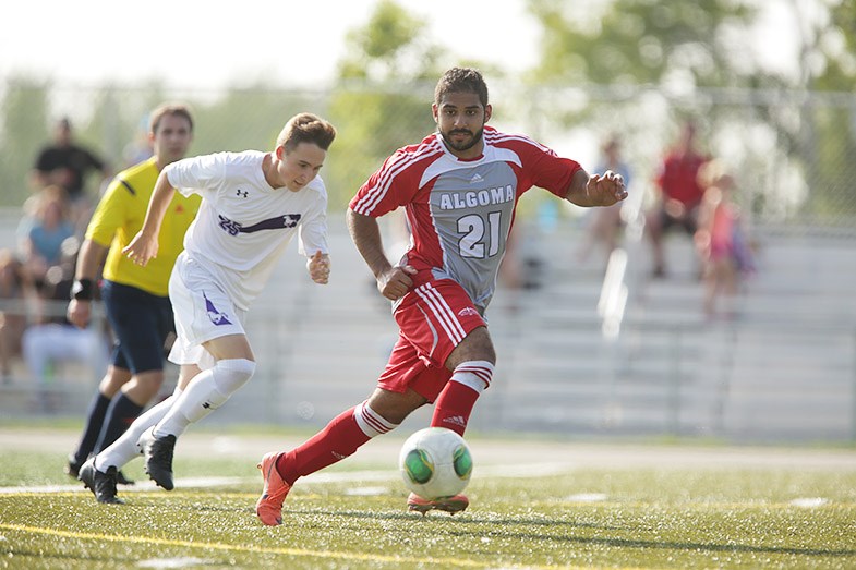 Algoma University Thunderbirds men's soccer team seen playing Western University Mustangs at Superior Heights in Sault Ste. Marie, Ontario on September 5, 2015. Kenneth Armstrong/SooToday