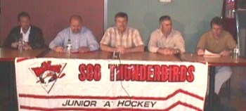 Soo Thunderbirds brass (from left to right) Kevin Hodson, Zoltan Kovacs, Pat Egan, Dave Watson and Al Jones address the media