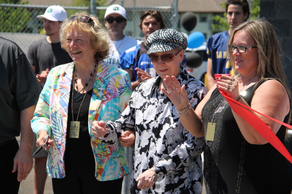 Sgt. John Faught's mother Donna Crosson, grandmother Sylvia Ross and sister Shawna Faught at the opening of the Sgt. John Faught Fieldhouse, June 13, 2017.  Darren Taylor/SooToday