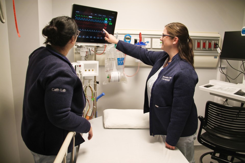 Jordana Sacco and Jennifer Bibeau, Sault Area Hospital registered nurses with a new patient monitor, SAH needing 12 new patient monitors costing approximately $25,000 each, Nov. 15, 2024.