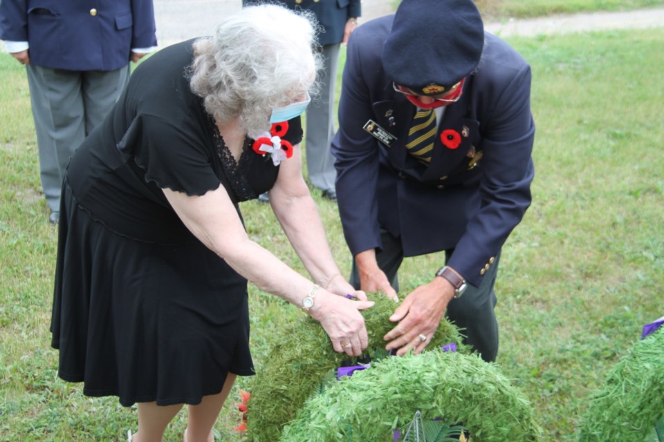 The Sault’s Laurene Neal, whose husband served in The Korean War of 1950-1953, lays a wreath with Royal Canadian Legion Branch 25 official Ron Rouleau at the annual Korean War remembrance ceremony held at the Legion branch, June 25, 2021. Darren Taylor/SooToday