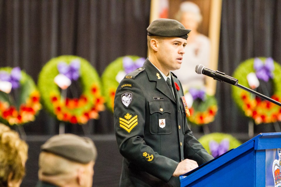 Sgt. Jason Kent, guest speaker, Remembrance Day ceremony in Sault Ste. Marie on Nov. 11, 2016. Donna Hopper/SooToday