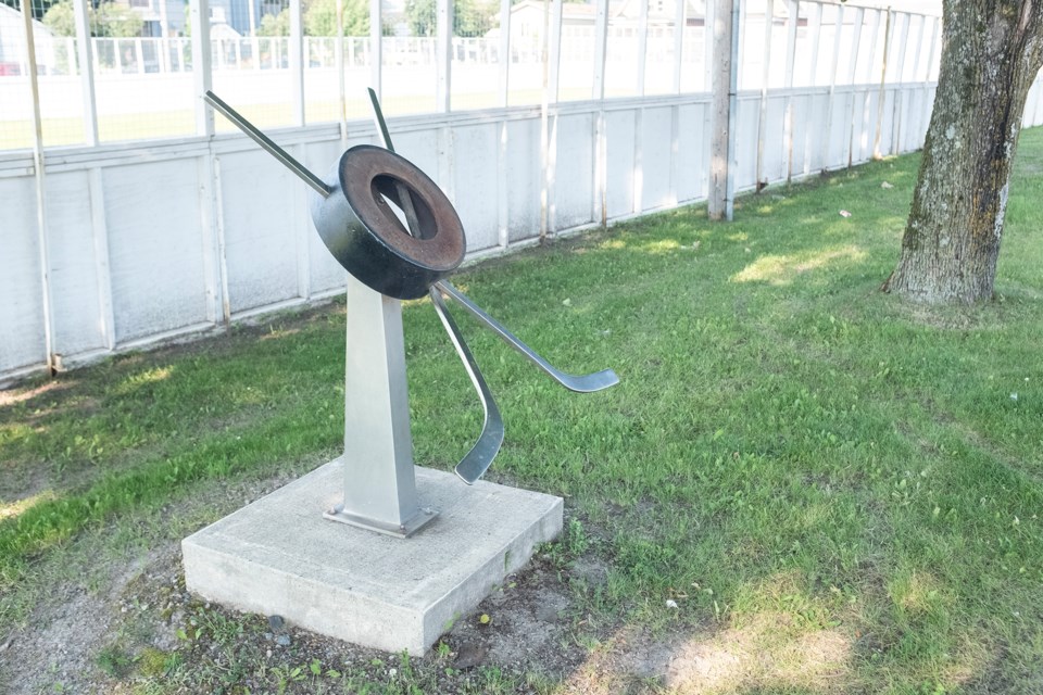 A stand that formerly held a commemorative plaque for a Sault-born NHL star stands empty at Phil Esposito Park.