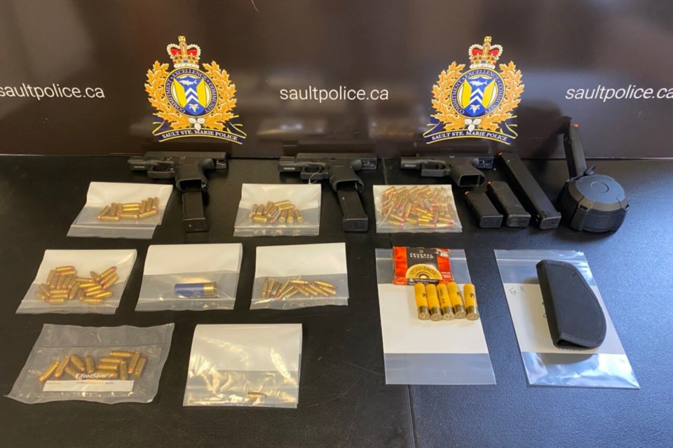 After a two-hour standoff in Manitou Park on Aug. 22, 2023, Sault Police seized three handguns, two high-capacity magazines and more than 100 rounds of ammunition.