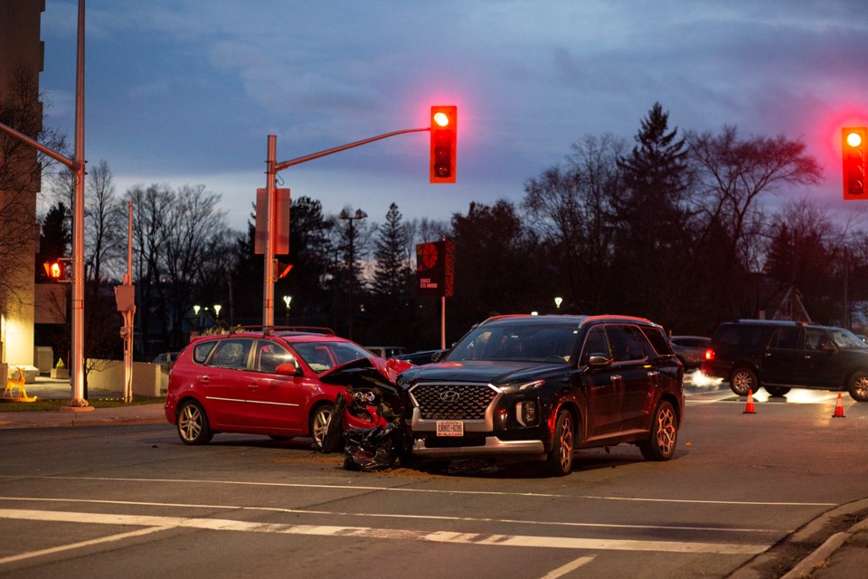 A two-vehicle collision closed the Queen Street East and Pine Street intersection at about 5 p.m. on Wednesday.