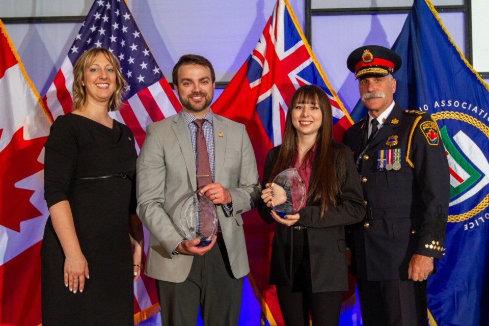 Left to right: Robin Matthews-Osmond (Police Manager of Corporate Communications at Brantford Police Service and Vice Chair of OACP’s Corporate Communications Network), Lincoln Louttit (Manager – Corporate Communications, Research, & Planning at SSMPS), Chelsey Foucher (Corporate Communications, Research, & Planning at SSMPS), Frank Bergen (Chief of Police at Hamilton Police Service).