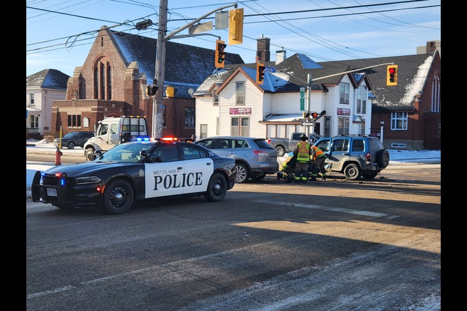 A two-vehicle collision shuts down the intersection of Brock and Albert St. E. on Friday, March 1, 2024