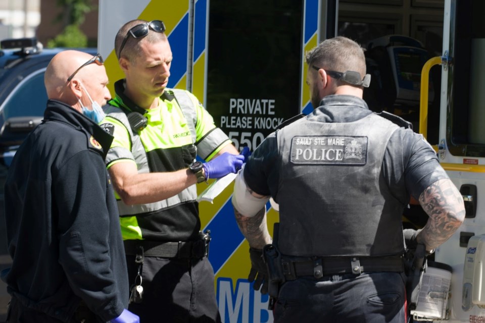 An officer with the Sault Ste. Marie Police Service was treated at the scene of a call at the James. L. McIntyre Public Library on June 27, 2024.