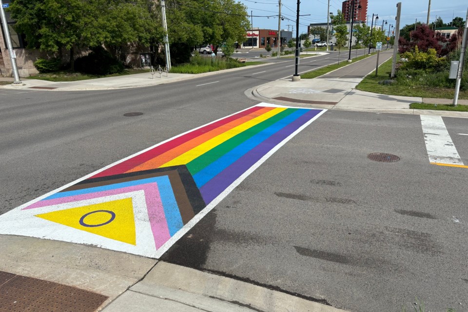 The Pride crosswalk in downtown Sault Ste. Marie was freshly painted on July 4, 2024 after being vandalized with red spray paint two days earlier.