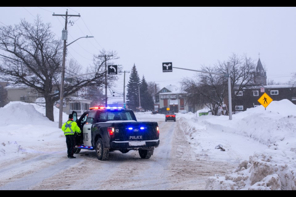 Sault Ste. Marie Police block off Albert Street east of Bruce on Wednesday, Feb. 12, 2025