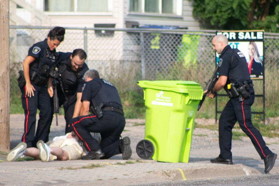 Sault Ste. Marie police respond to a call in the area of McNabb Street and Campbell Ave. At least one man was taken into custody. Kenneth Armstrong/SooToday