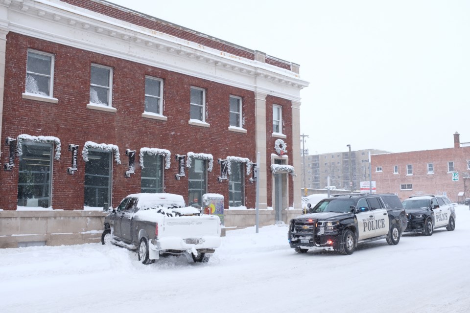 A pick-up truck collided with the Village Media office at 298 Queen Street East on Monday.