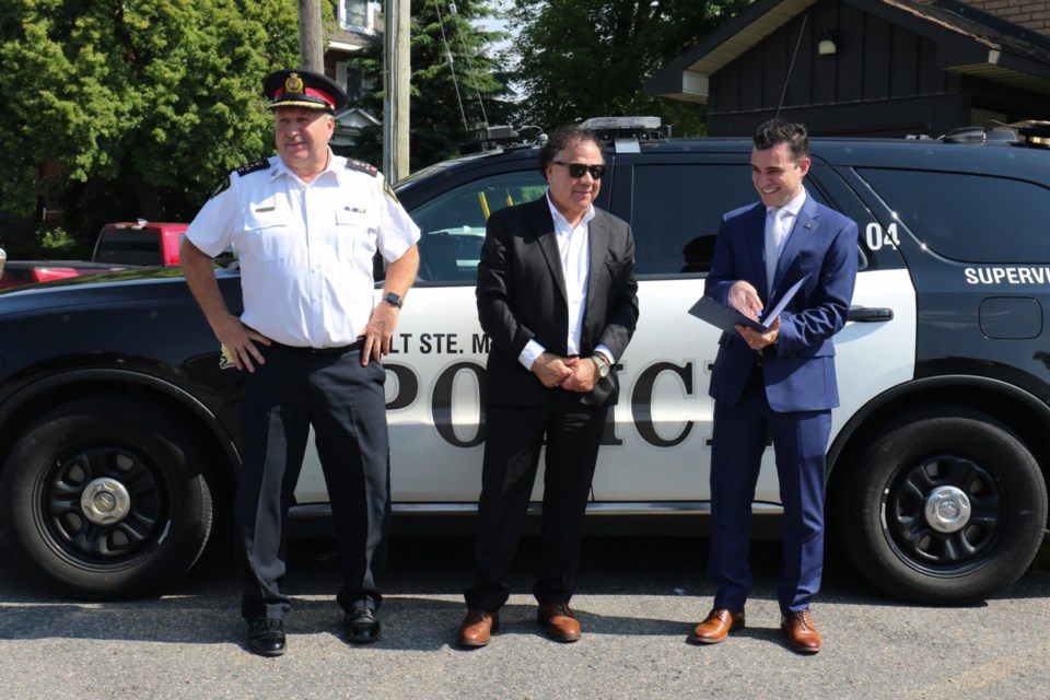 Left to right: Sault Police Chief Hugh Stevenson, Sault Ste. Marie Police Services Board Chair John Bruno and Sault Mayor Matthew Shoemaker. 