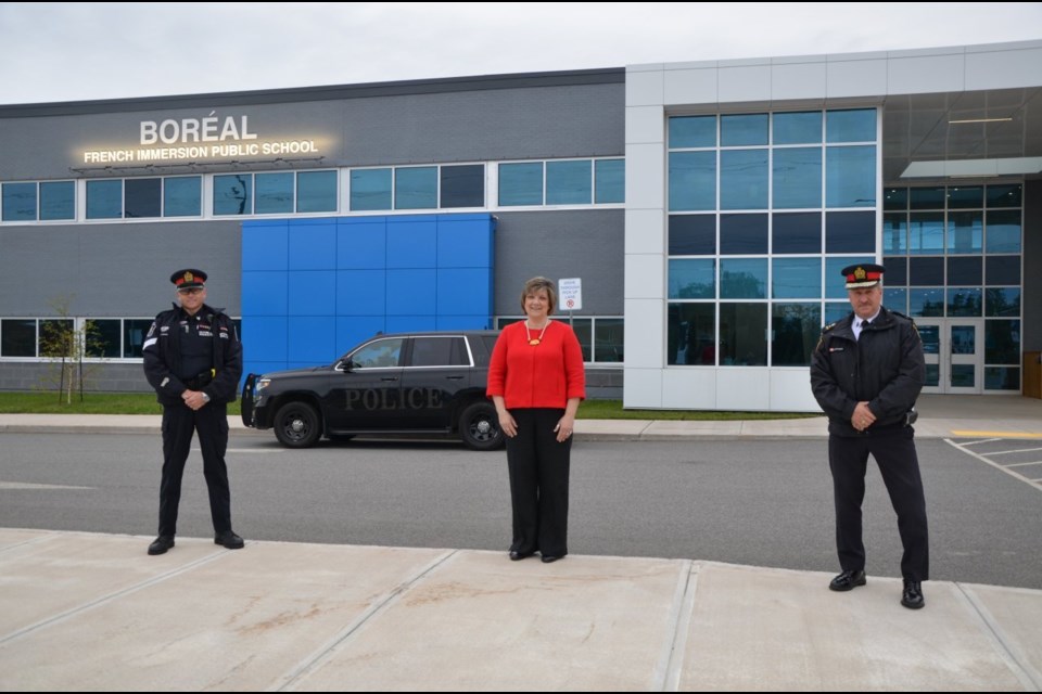 (left-right): Traffic Sgt. Ray Magnan, ADSB Director of Education Lucia Reese, Chief Hugh Stevenson. Photo provided by Sault Ste. Marie Police Service