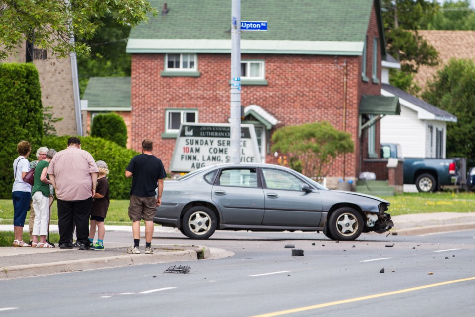 The scene of a collision on Wellington Street East at Upton Road on Sunday, July 31, 2016. Donna Hopper/SooToday