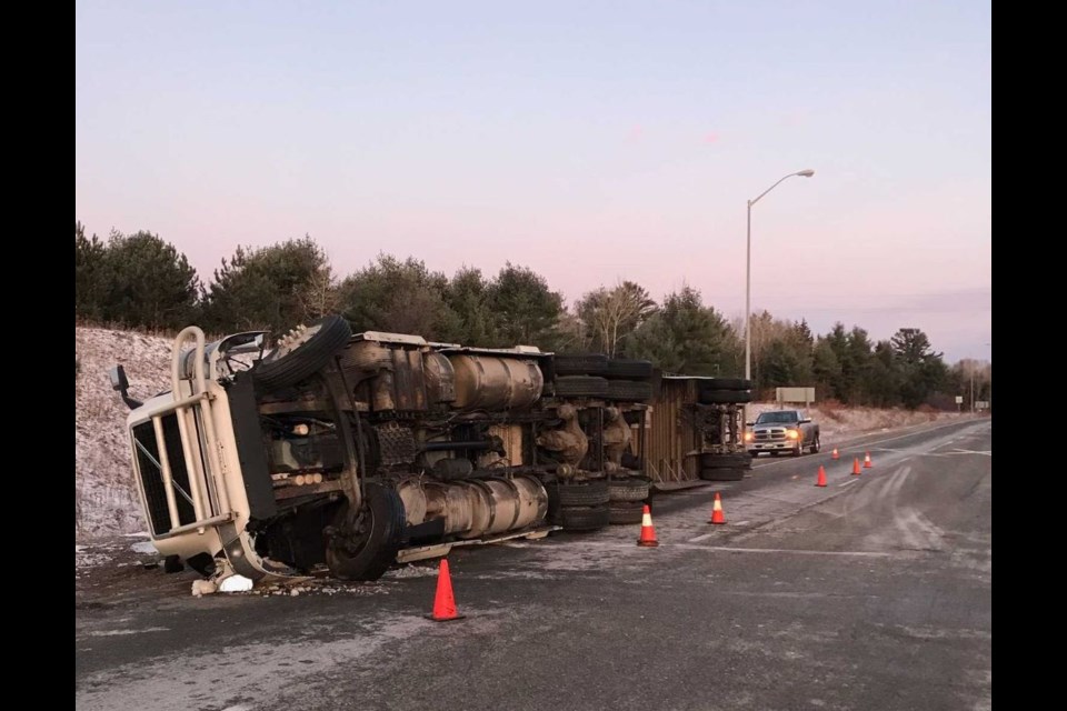 Reader submitted photo shows a tractor trailer on its side in an eastbound lane of Highway 17A and B