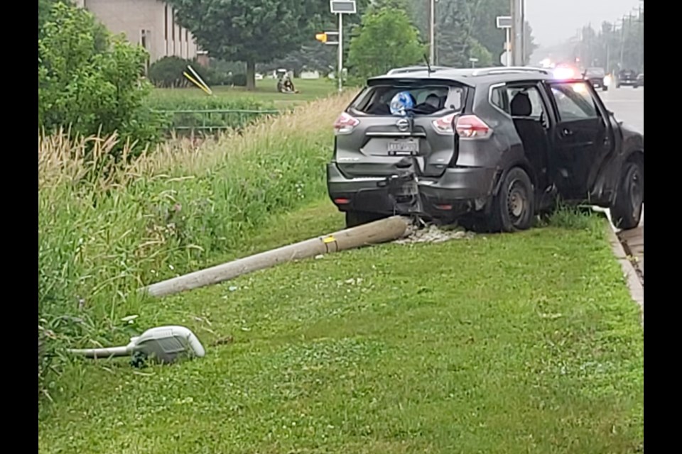 A collision early Tuesday evening left a utility pole on the ground.