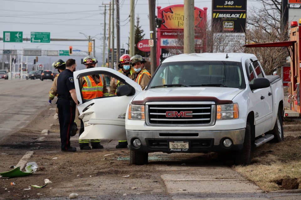 City police, fire, and paramedics were on scene of a two-vehicle crash on Great Northern Road on April 16, 2022.