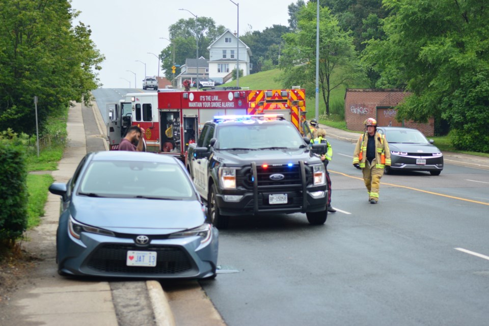 A crash involving multiple vehicles affected traffic near the bottom of the hil on Bruce Street on July 26, 2023.