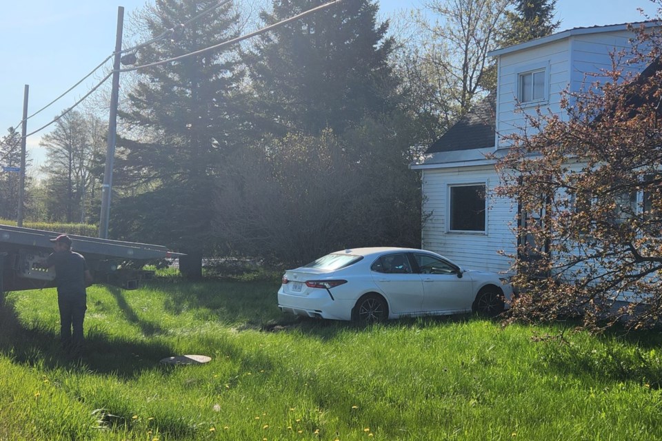 A car crashed into a home in the Sault's west end this morning near the intersection of Arden Street and Second Line.